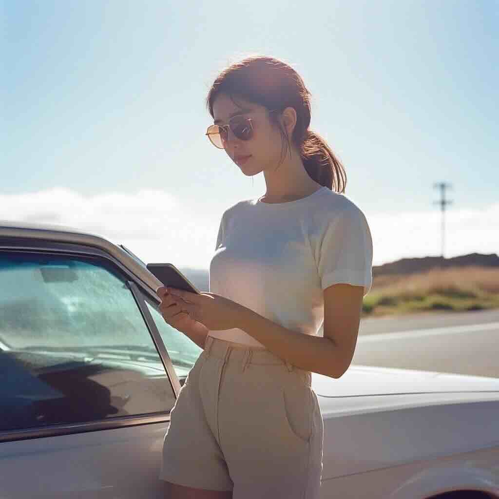 Young woman leaning against car on sunny day depicting mobile ID and digital driver's license