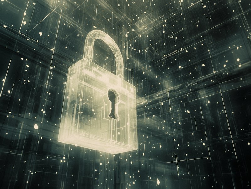 Glowing digital padlock icon with network grid lines representing cybersecurity