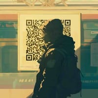 Person silhouette standing before a large illuminated QR code representing digital identity