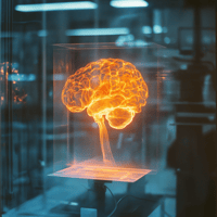 Fujicolor C200 film-still of glowing holographic brain in a high-tech laboratory