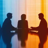 Silhouettes of three people in a business meeting or podcast discussion against colorful lighting