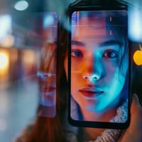 Woman's face on smartphone screen with colorful lights depicting mobile digital identity