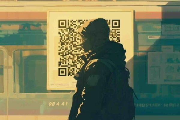 Person silhouette standing before a large illuminated QR code representing digital identity