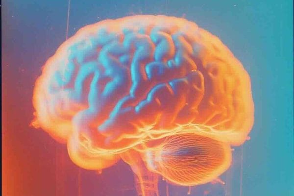 Abstract glowing digital brain in cyan turquoise tones