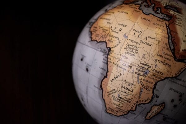 Close-up of globe focused on African continent with labeled countries