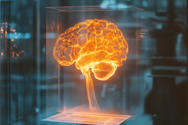 Fujicolor C200 film-still of glowing holographic brain in a high-tech laboratory