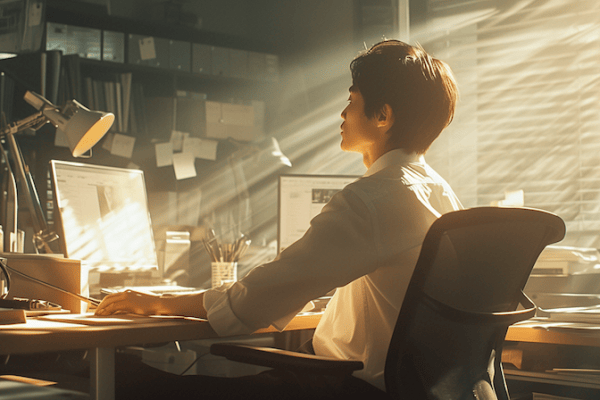 Analog film photo of woman working late at cluttered office desk under desk lamp light