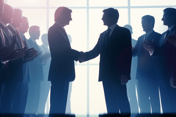 Silhouetted business professionals shaking hands in an office with colleagues applauding