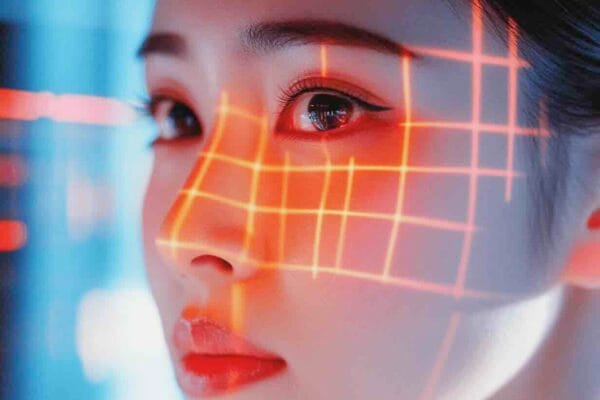 Asian woman's face with red digital grid overlay depicting facial recognition technology