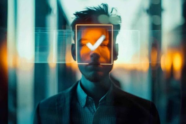 Man's face obscured by digital display with orange X symbol depicting failed identity verification