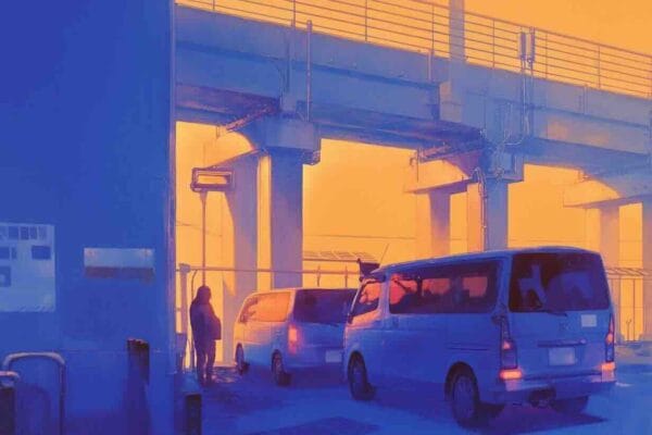 Vehicles and person silhouetted under a highway overpass at dusk depicting a border checkpoint
