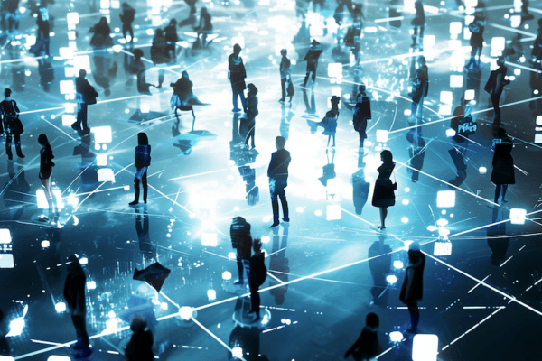 Silhouetted figures among holographic displays in a futuristic digital environment