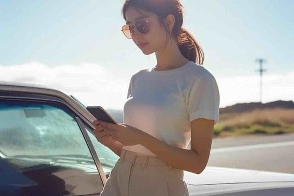 Young woman leaning against car on sunny day depicting mobile ID and digital driver's license
