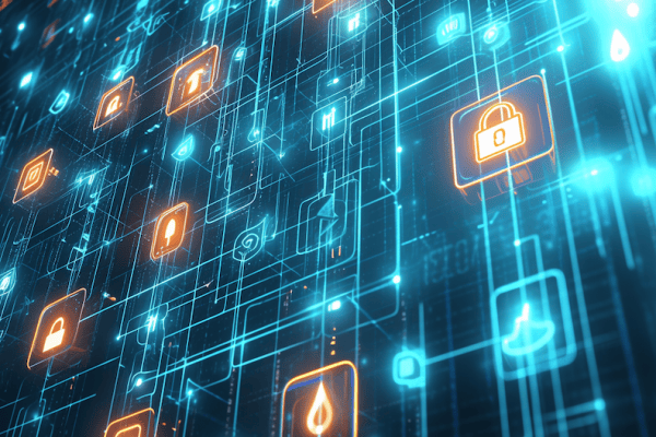 Digital network visualization with security icons, locks, and interconnected nodes