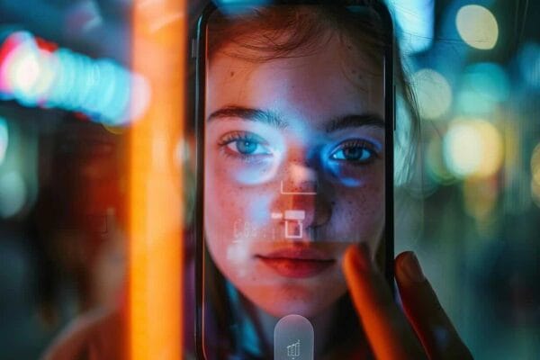 Young woman's face with colorful neon digital lighting depicting mobile ID face scanning