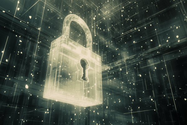 Glowing digital padlock icon with network grid lines representing cybersecurity