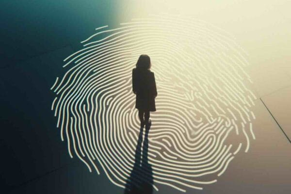 Woman silhouette standing before a large glowing fingerprint pattern with colorful light trails