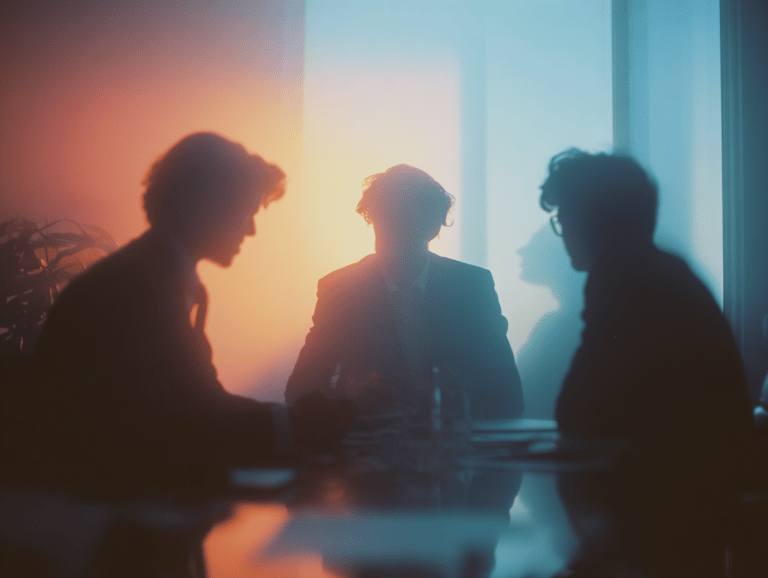 Silhouettes of three business professionals in warm golden backlight, film-still style