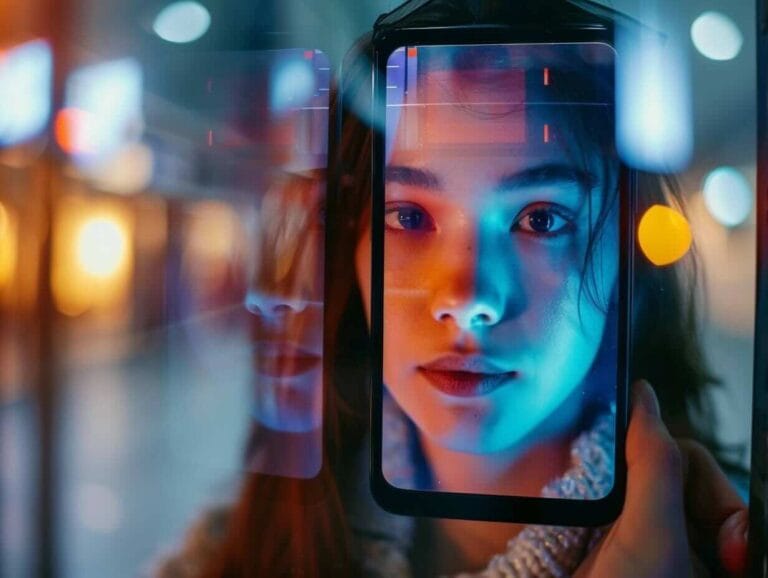 Woman's face on smartphone screen with colorful lights depicting mobile digital identity