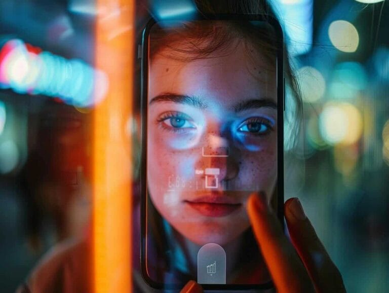 Young woman's face with colorful neon digital lighting depicting mobile ID face scanning