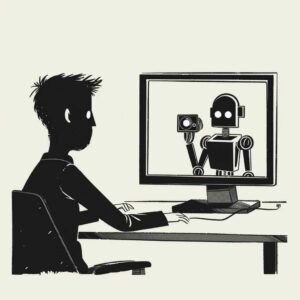 A stylized black-and-white illustration depicting a person sitting at a computer desk, facing a monitor that displays a simple robot character, suggesting the concept of human-computer interaction or artificial intelligence.