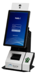 Self-service kiosk terminal with a touchscreen display showing a login prompt, featuring a card reader slot and fingerprint scanner, depicting biometric authentication technology for secure access or identity verification.