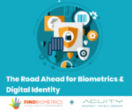 Abstract illustration depicting various icons and symbols related to biometrics and digital identity technologies, with gears, locks, fingerprints, and barcodes arranged in a circular composition against a teal blue background.