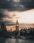 Dramatic sunset view of the iconic Big Ben clock tower and the Houses of Parliament in London, with stormy clouds in the sky and the River Thames in the foreground, showcasing the city’s famous architecture and landmarks.