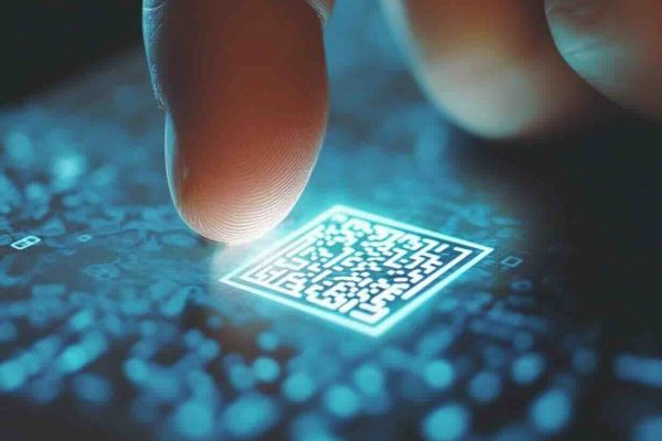 Finger hovering over a glowing QR code on a technological surface