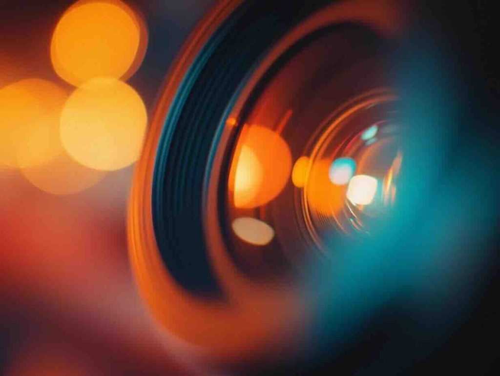 Close-up of camera lens with warm amber bokeh light effects