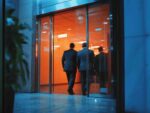 Silhouettes of two people walking through an orange-lit doorway or entrance, depicting the concept of entering or exiting a business or corporate environment.