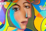 Close-up illustration of a woman’s face with vibrant, geometric patterns and colors surrounding her, depicting an artistic and stylized representation of human identity or cultural diversity.