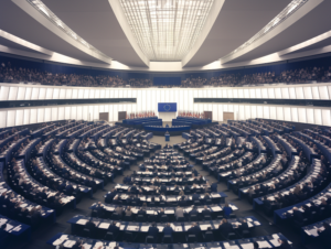 Interior view of the large hemicycle chamber of the European Parliament in Brussels, with rows of seats arranged in a semi-circular pattern under a distinctive gridded ceiling design and bright lighting.