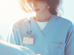 Close-up of a nurse or medical professional wearing light blue scrubs, with her face partially obscured and hair blowing gently, depicting a serene and caring presence in the healthcare field.