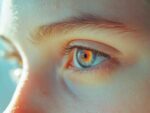 Close-up photograph of a human eye with striking blue iris and orange hues around the pupil, showcasing intricate details of the eyelashes and eyebrow, depicting the remarkable complexity and beauty of human vision.