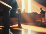 Silhouetted figures in a courtroom setting, with dramatic lighting and a gavel in the foreground, depicting the concept of law and justice.