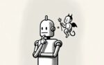 Stylized black-and-white illustration depicting a robot being tempted or manipulated by a mischievous imp or demon-like creature, symbolizing the potential ethical challenges and unintended consequences of advanced technology.