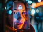 Close-up view of a person’s face reflected on a smartphone screen, with a lock icon overlay, depicting the concept of digital privacy and cybersecurity in a visually striking blend of warm and cool lighting effects.